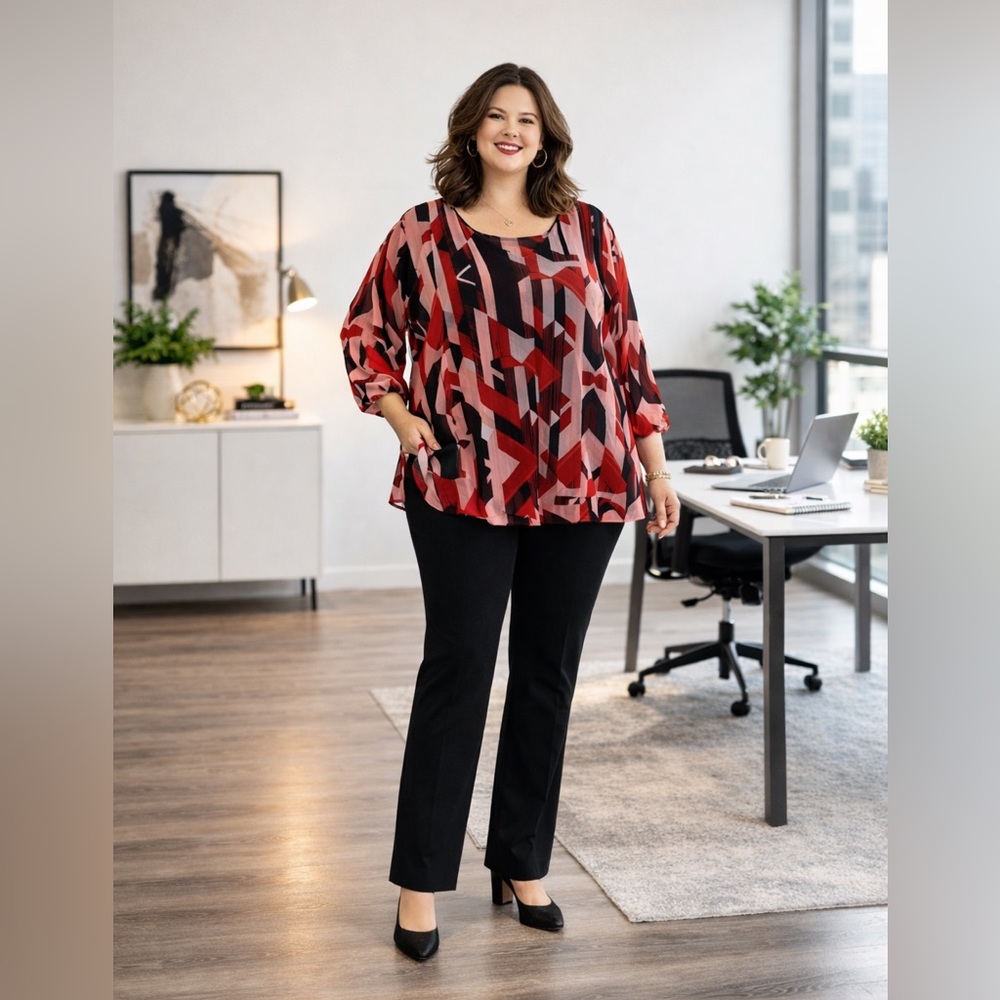 Alfani XL Sheer Abstract Print Blouse Red Pink Black Flowy Career Top